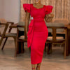 Women Short Ruffles Sleeve O-neck Ribbon Bodycon Midi Dress Street Africa OL Evening Sexy Party Dresses Vestido