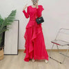 Ruffle Edge Maxi Pleated Dress For Women Round Neck Long Sleeves Solid Color Stitching Belt Dresses 2DA9911