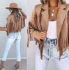 Womens Vintage Lapel Long Sleeve FringeCropped Hippie Motor Biker Cardigan OutwearsFaux Suede Tassel Jacket
