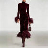 Temperament Simple Banquet Dress Vintage Turtleneck Long Sleeve Slim Feather Spliced Dress Elegant Lady High Waist Bodycon Dress
