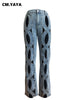 Women Vintage Cutout Hollow Out Criss Cross Straight Denim Pants High Waist Wide Leg Jeans Trousers