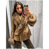 Women Suede Faux Fur Trim Jacket Fur Lapel Collar Cuffs Double Breasted Fitted Waist Long Sleeve Coats Vintage Warm Winter Coat