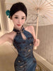 Chinese Style Woman Jacquard Satin Shoulder Digging Improved Slim Fit Cheongsam Printed Waist Cinching Dress Long S