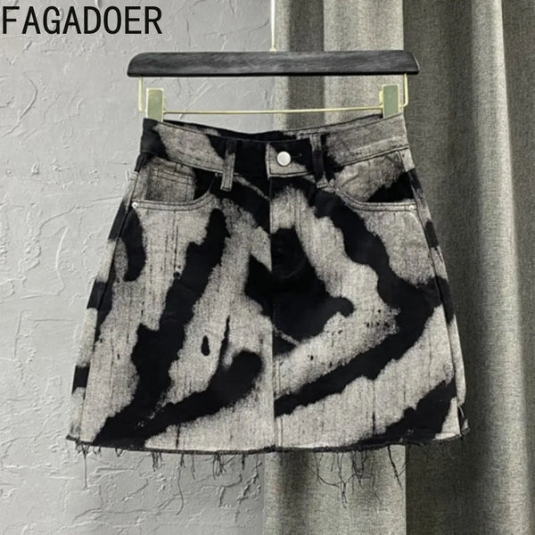 Women Gray Tie Dye Denim Mini Skirt High Waist A-line Jean Skirt Button Pocket Sexy Y2K Streetwear Printed Short Skirt