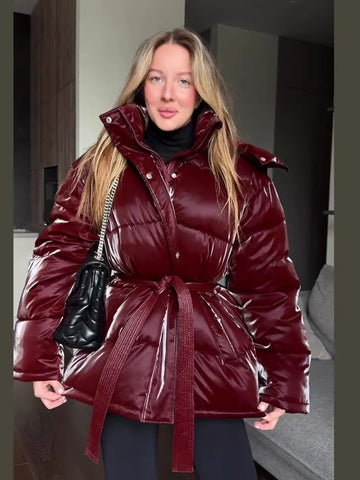 Shiny Belted Waist Jacket For Women Casual Detachable Hood Zipper Pockets Coat Lady Winter Chic Street Outerwear