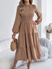 Women's Spring Vacation Solid Color Round Neck Long Sleeve Midi Dress with Ruffled Waist