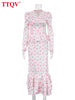 Slim Print Women's Dress Autumn V-Neck Long Sleeve Ankle Length Dresses Elegant Classic Pleated Female Dress
