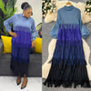 Tassel Patchwok Color Block Dress for Women Pleated Puff Sleeve Mid-calf Dresses Female Autumn