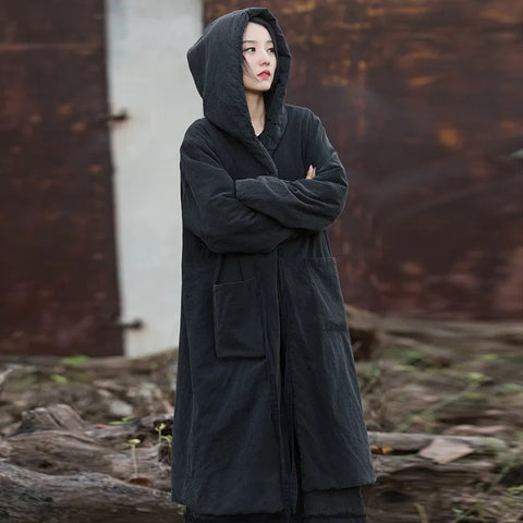Women Black Hooded Long Sleeve Parkas Warm Long Sleeve Winter Coats Female Chinese Style Bandage Parkas
