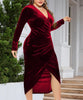 Elegant Velvet Bodycon Dress Women Sexy Wrapped V-neck Long Sleeve Ruched High Waist Midi Dress Party Cocktail Dresses Vestidos