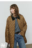 Women Cotton Jacket Winter Retro Diamond Grid Workwear Large Pocket Mid Length Jacket Brown
