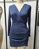 burst waist show thin solid color v-neck long sleeve tight skirt folk wind nightclub dress woman