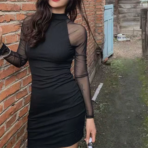 Mesh Patchwork Half High Neck Women Dresses Black See Through Long Sleeve Skinny Clubwear Female Mini Dress Bodycon