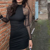 Mesh Patchwork Half High Neck Women Dresses Black See Through Long Sleeve Skinny Clubwear Female Mini Dress Bodycon