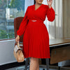 Elegant Dresses Woman V Neck Full Sleeve Pleated Mid Calf Belt Waisted African Female Birthday Party Dress