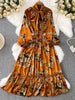 Spring Autumn Women's Long Sleeved Dress Temperament Loose Large Size Lace Up Printed Long Dress Female C329
