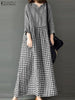 Long Sleeve Gingham Patchwork Maxi Dress V Neck Vintage Holiday Spring Vestidos Women Check Loose Casual Long Dress