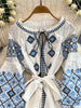 Women's Dress Spring Vintage Embroidery Lace-up O-Neck Versatile Loose Bandage Waist A-line Mid-length Vestidos DS354
