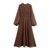 Vintage Brown Polka Dot Print Long Puff Sleeve Chiffon Dress Woman Pleated Front Slim High Waist Ankle Length Dress Robe