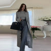 Women's Long Coat Slim V Neck Single Breasted Overcoats Shoulder Pad Maxi Jackets with Belt Winter Lady Commute Outwear