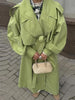Green Belted Waist Long Coat For Women Elegant Lapel Long Sleeve Casual Jacket Lady Spring Chic Street Outerwear