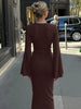 Autumn Elegant O-Neck Long Flare Sleeve Ruched Slim Fit Ribbon Long Dress Women'S Solid Casual Party Club Outfit