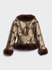 Women Vintage Floral Jacquard Faux Fur Trim Jacket V Neck Single Button Furry Cuff Cropped Coats Vintage Winter Warm Party Coat
