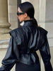 Suninherat Autumn Faux Leather Jacket Black PU Jacket Coat with Belt Lapel Women's Outwear