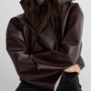 Lapel Long Sleeve Faux Leather Jacket Women Street Turn-down Collar Single Breasted Loose Coats Chic Lady Jackets Outerwears