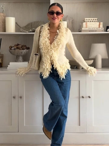 Women's Elegant Tassel Trim V Neck Knit Coat Irregular Fringe Open Front Full Sleeve Sweater Autumn Lady Streetwear