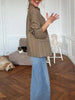 Women Khaki Striped Oversized Blazer Asymmetrical Button Closure Tailored Lapel Collar Structured Coat Minimalist Urban Outfits