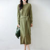 Women Wool Dress Sweater 100% Merino Wool Knitted Self-belt Long Skirt Autumn Winter Round Neck Pullover Cashmere Straight Skirt
