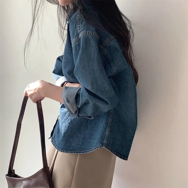 Korean Loose Casual Women's Denim Shirt Vintage Outerwear Spring Blusas Tops Long Sleeve Thin Casual Coats Street