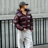 Solid Glossy Zipper Hooded Coats Women's Warm Elastic Waist Pleated Short Cotton Jacket Winter Lady High Street Outwear