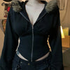 Autumn Winter Faux Fur Collar Solid Hooded Coats Women Casual Slim Waist Zip Hoodies Gothic Jackets Chic Streetwear