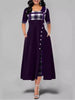 Women's Irregular Lattice Patchwork Long Dresses Vintage Buttons O Neck Half Sleeves Casual Lady Commuting Dress