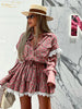 Loose Print Women Dress Elegant Lace-Up Long Sleeve Office Mini Dresses Casual Lace Spliced Pleated Female Dress