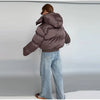 Women's Cropped Puffy Jacket Detachable Hood Drawstring Waist Drop Shoulder Long Sleeve Loose Padded Winter Down Jackets