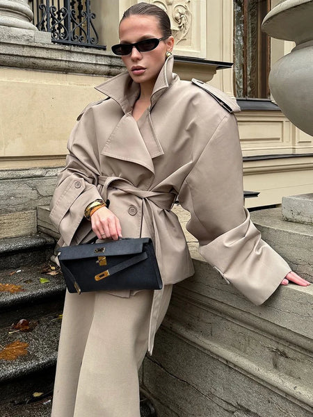 Khaki Lace Up Loose Windbreaker Women Vintage Lapel Long Sleeve Pockets Single Breasted Jackets Lady Daily Street Outerwear