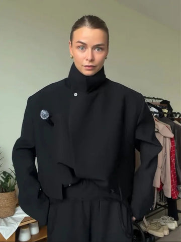 Stand Collar Cropped Blazer Single Breasted Pocket Loose Short Suit Jacket Women Minimalist Casual Crop Suit Outerwear