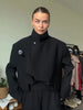Stand Collar Cropped Blazer Single Breasted Pocket Loose Short Suit Jacket Women Minimalist Casual Crop Suit Outerwear