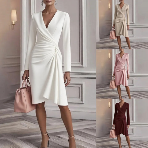 Women Dresses Spring autumn V-neck waist-cinching solid-color long-sleeve knee length dress clothing vestidoes