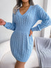 V Neck Casual Short Knit Dress Autumn Winter Women Solid Long Sleeve Dress Lady Khaki Bodycon Knitted Dresses