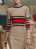 Krisstargirl Skinny Contrast Color Woman Bodycon Dress Autumn Winter Striped High Neck Midi Knitting Elegant Ladies Dresses