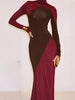 Contrast Patchwork Dress Woman Classic Ruched Turtleneck Full Sleeve Skinny Stretch Casual Elegant Vestidos