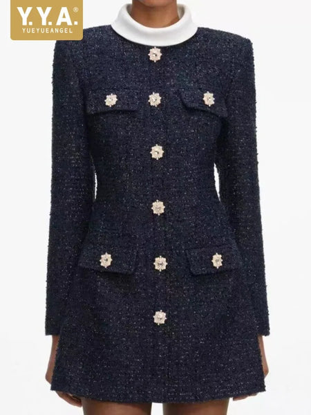 Designer Women Tweed Mini Dress Slim Fit High Waist Stand Collar Spring Office Ladies Long Sleeve Elegant A Line Dress