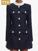 Designer Women Tweed Mini Dress Slim Fit High Waist Stand Collar Spring Office Ladies Long Sleeve Elegant A Line Dress