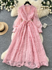 Spring Autumn French Women's Dress Lace Embroidery V-neck Lantern Sleeves Single Breasted Party Birthday Dress C192