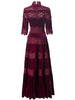 Women's Velvet Maxi Dress Hollow out Stand Collar Half Sleeve Elegant Party Spring