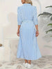 Women Blue White Vertical Striped Shirt Midi Dress Turn Down Collar Button Front Belt Waist Tie Waist 3/4 Sleeve Split